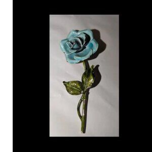 Vintage 1960s Enamel Large Flower Brooch Turquoise Blue Green Gold